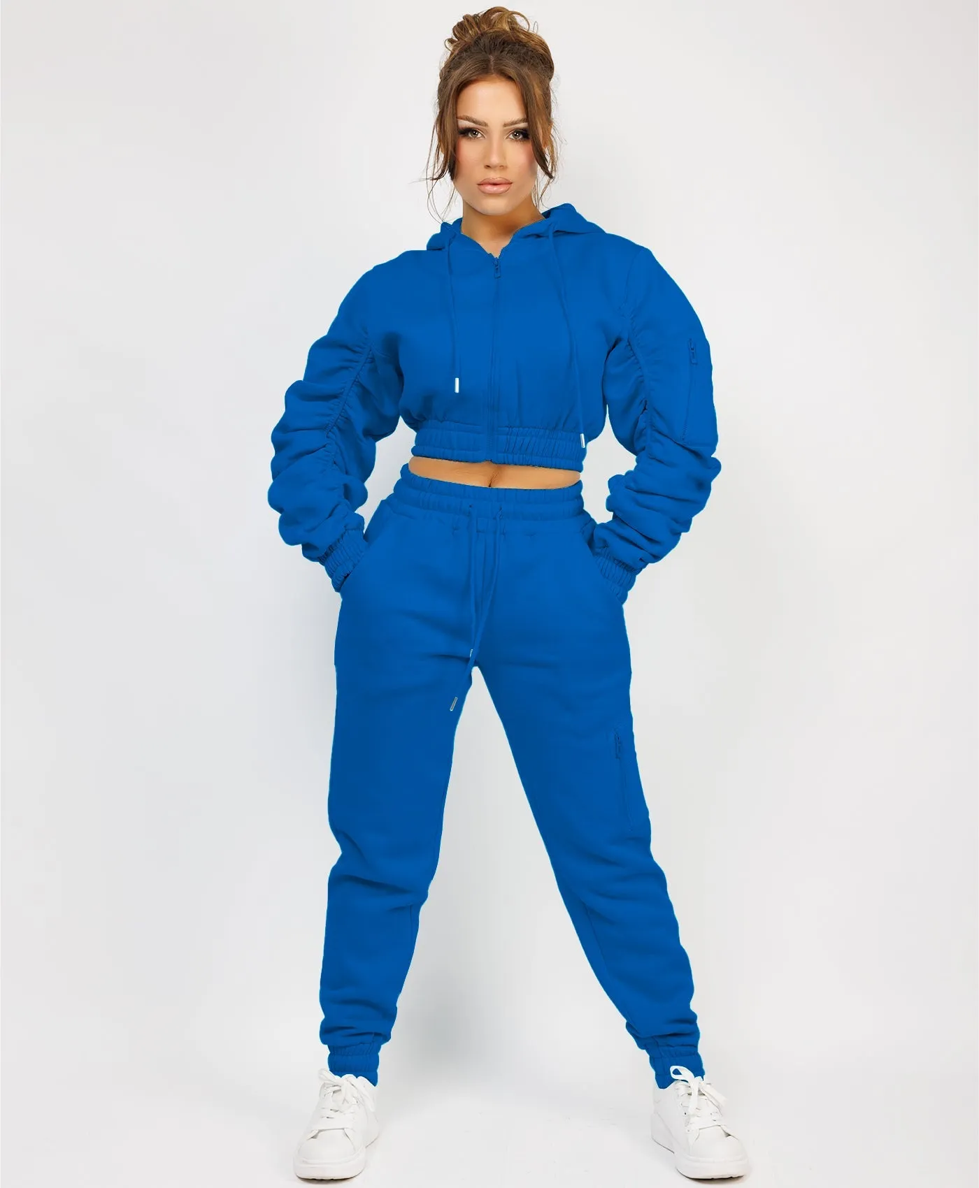 Royal Blue Ruched Sleeve Zipped Hoodie and Joggers Tracksuit