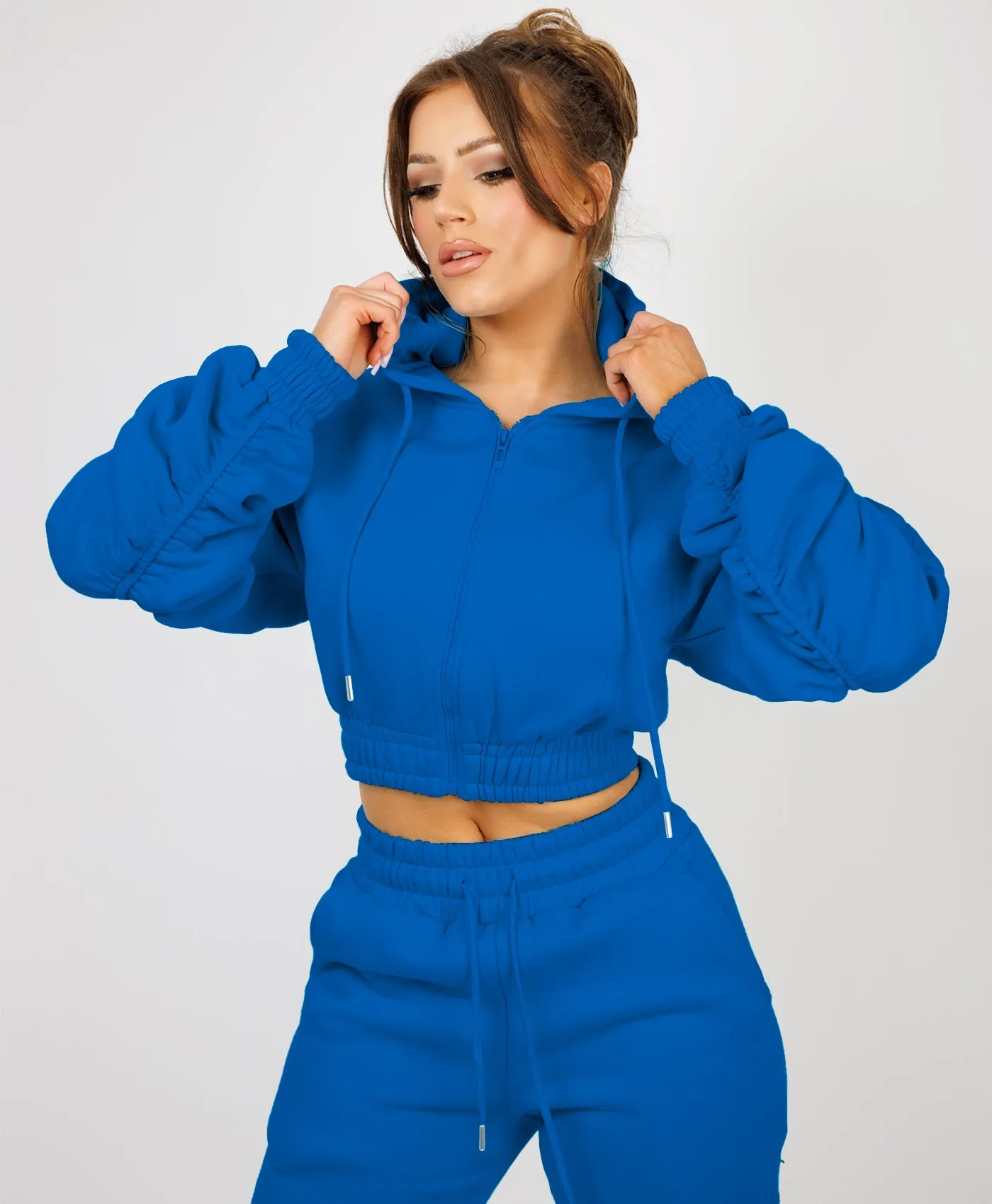 Royal Blue Ruched Sleeve Zipped Hoodie and Joggers Tracksuit