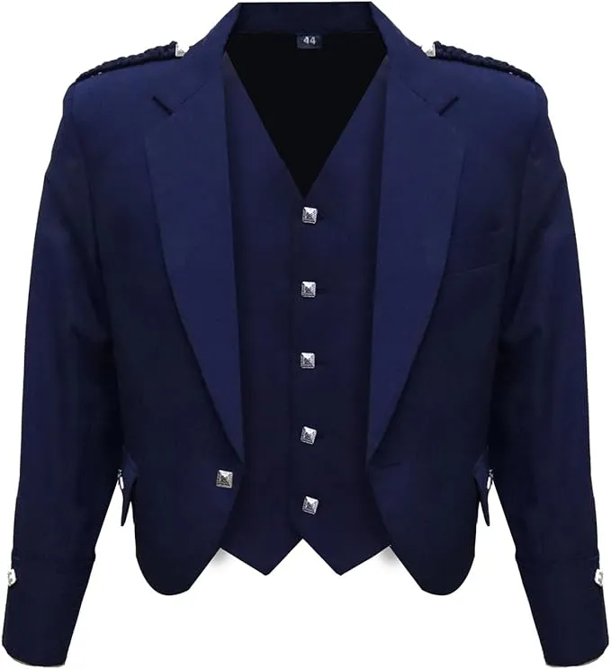 Scottish Royal Blue Argyll Kilt Jacket With Vest 15 Oz Finest Barathea Wool Fabric With Vest Gauntlet Style Cuffs