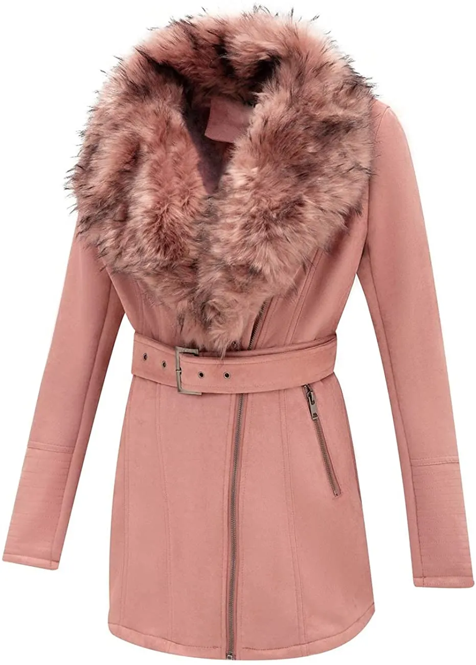 Shearling Pink Coat with Faux Fur Collar long coat in leather for Women By TJS