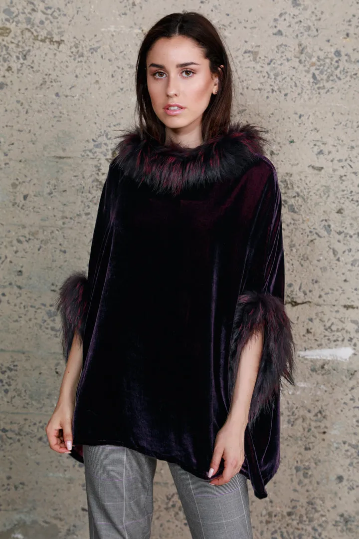 Silk Velvet Poncho with Raccoon Fur Trim