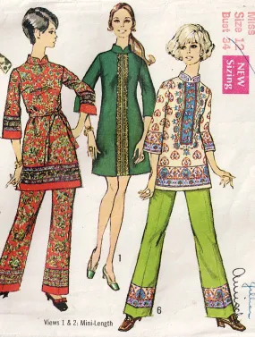 Simplicity 8385 Womens Mini Dress Tunic & Pants 1960s Vintage Sewing Pattern Size 12 Bust 34 inches