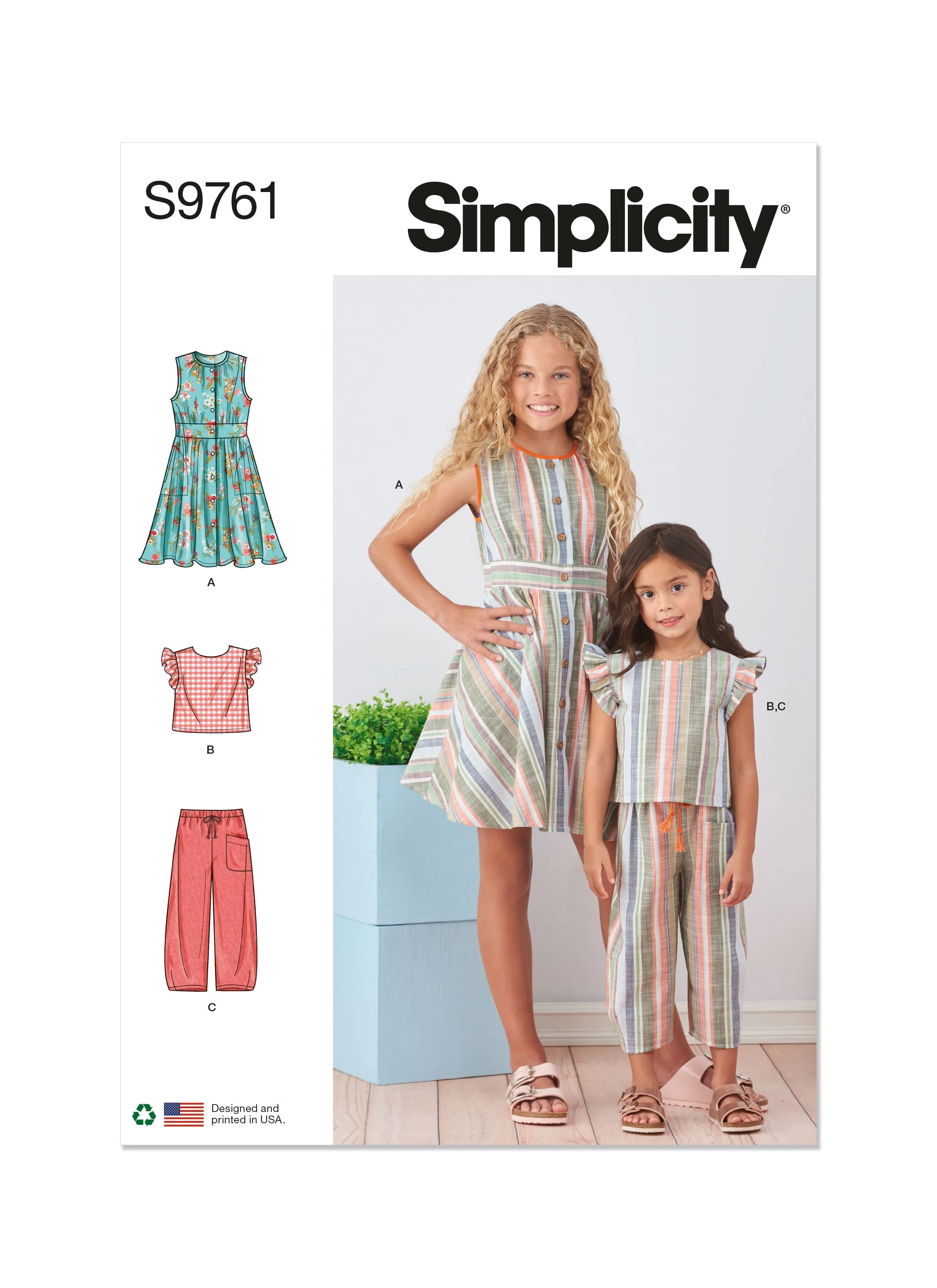 Simplicity 9761 sewing pattern Children's and Girls' Dress, Top and Pants