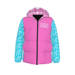 Sixty Eight 93 Infinity Logo White Aqua Blue & Pink Unisex Hooded Puffer Jacket