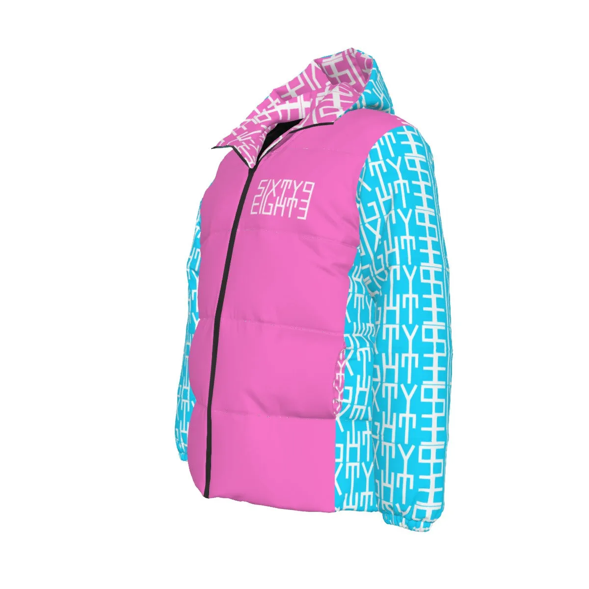 Sixty Eight 93 Infinity Logo White Aqua Blue & Pink Unisex Hooded Puffer Jacket