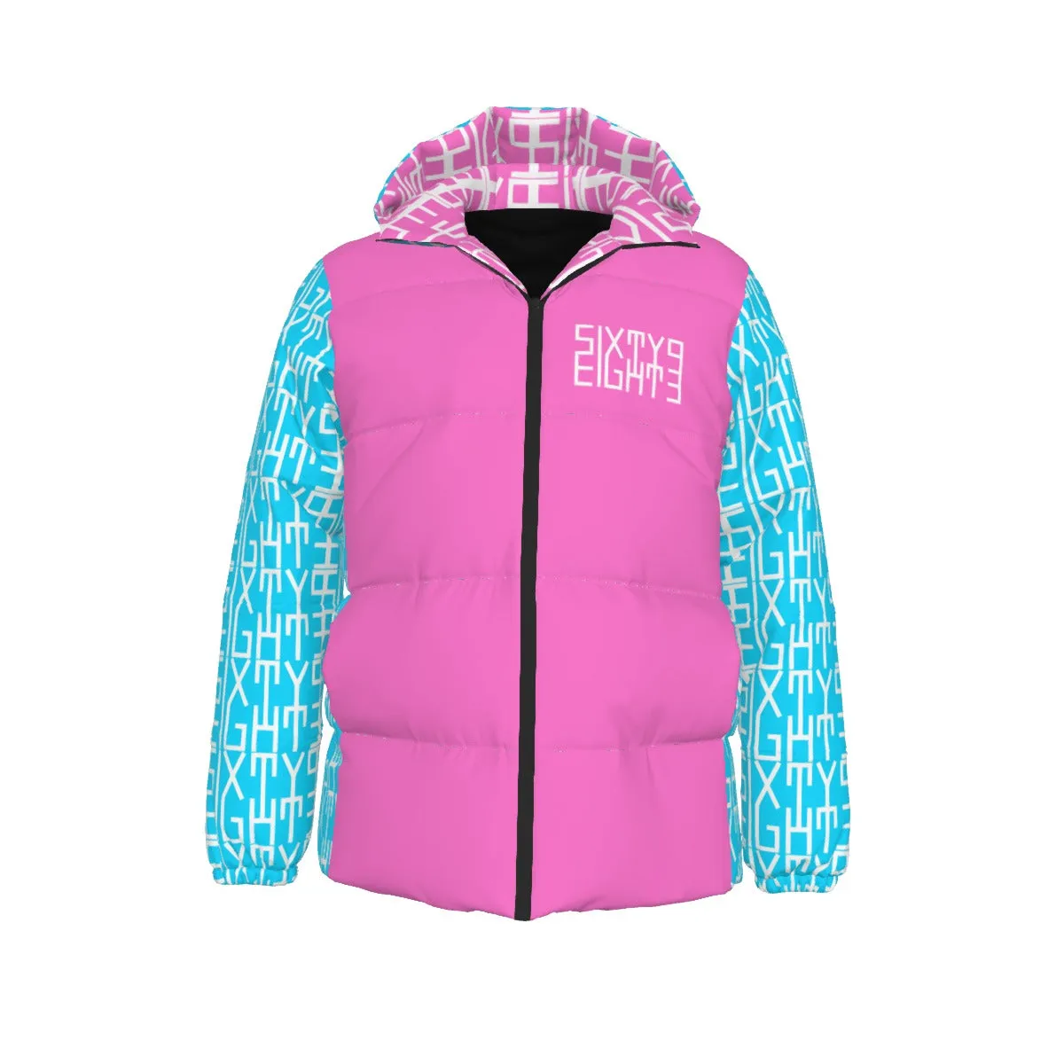 Sixty Eight 93 Infinity Logo White Aqua Blue & Pink Unisex Hooded Puffer Jacket