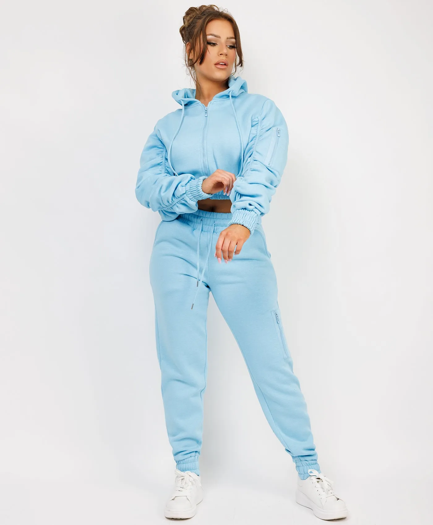 Sky Blue Ruched Sleeve Zipped Hoodie and Joggers Tracksuit