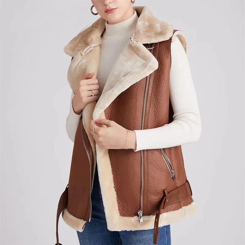 Slim Women Faux Leather Fur Vest Jacket Winter2021Retro Streetwear Buckle Belt Fashion Solid Warm Burrs Female Chic Outwear