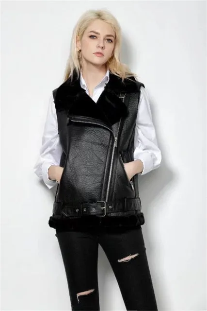 Slim Women Faux Leather Fur Vest Jacket Winter2021Retro Streetwear Buckle Belt Fashion Solid Warm Burrs Female Chic Outwear