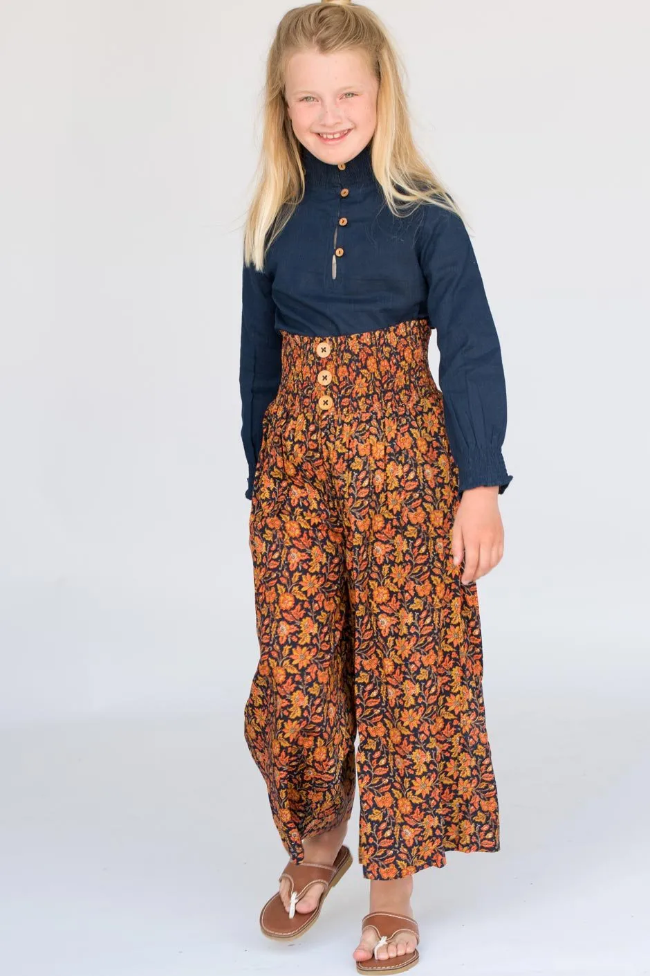 Smocked navy shirt & high waisted smocked pants 2 pc. Set