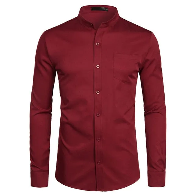 Solid Color Mandarin Collar Slim Fit Shirt