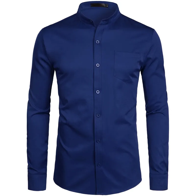 Solid Color Mandarin Collar Slim Fit Shirt