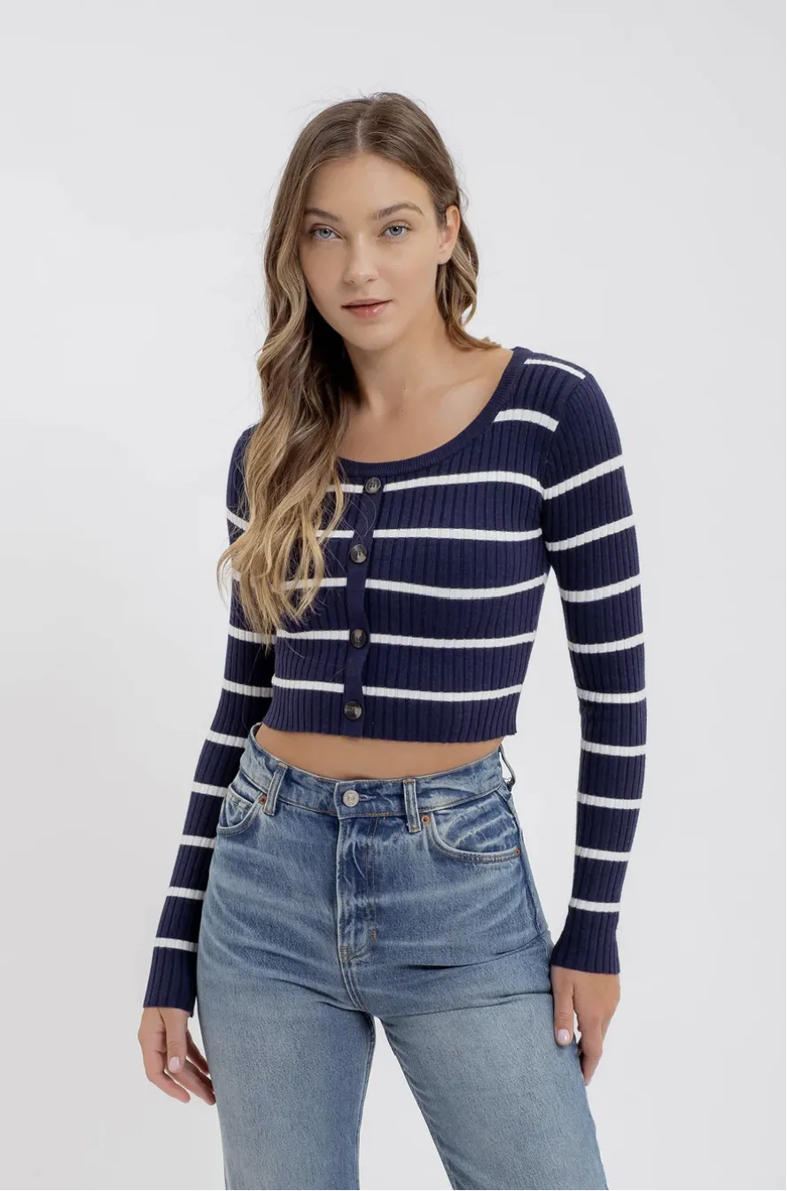 Stripe Sweater Button Down Knit Crop Top