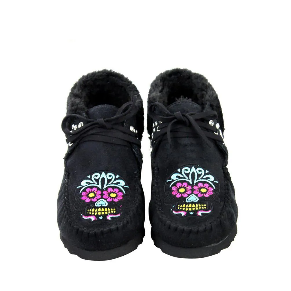 Sugar Skull Faux Suede Bootie Moccasins