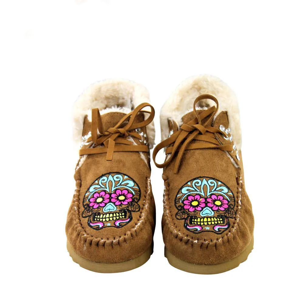 Sugar Skull Faux Suede Bootie Moccasins