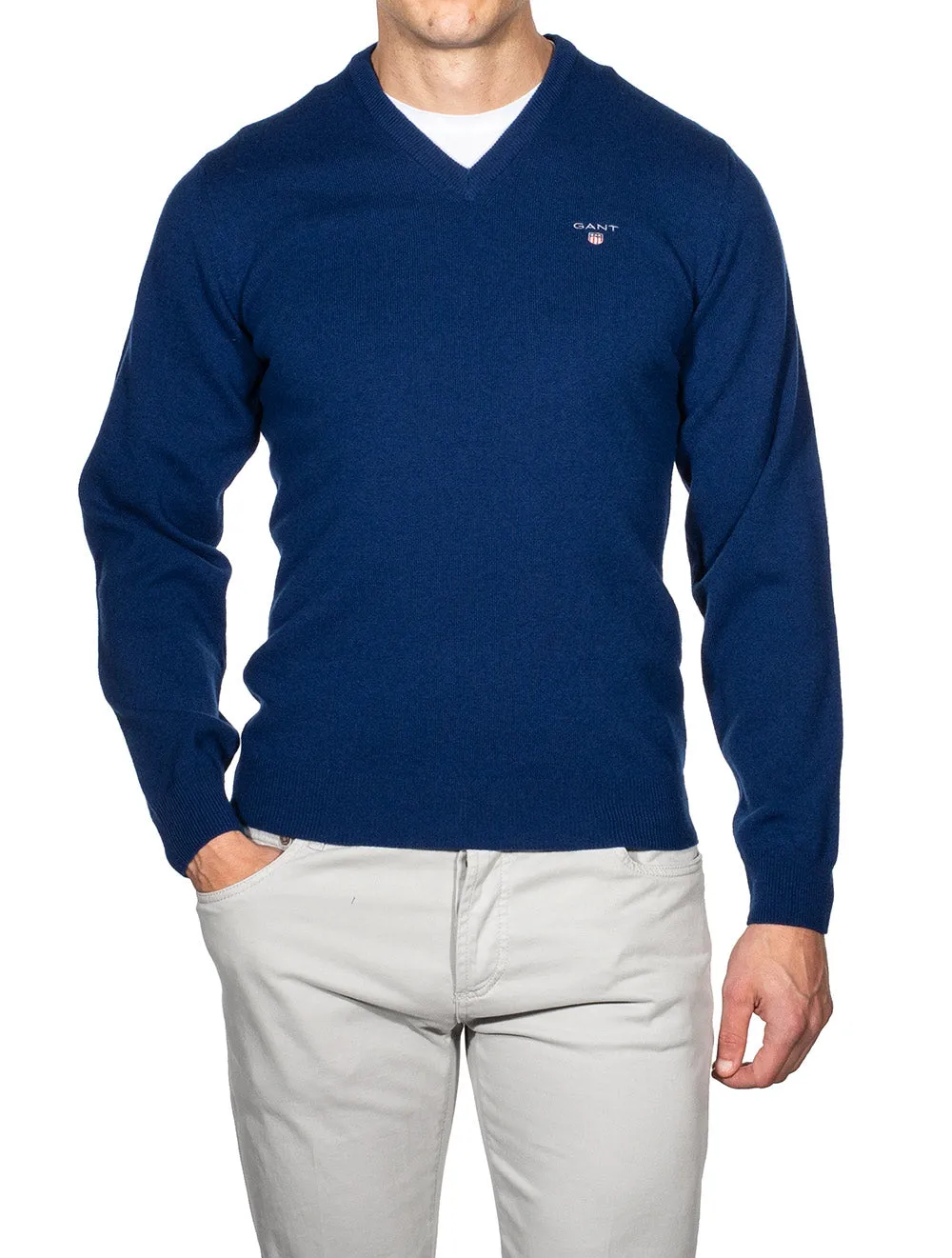 Super Fine Lambswool V-Neck Sweater College Blue