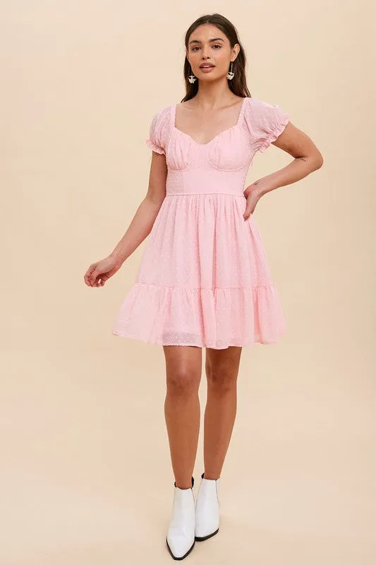 SWISS DOT SWEETHEART NECKLINE MINI DRESS-Pink Bubblegum