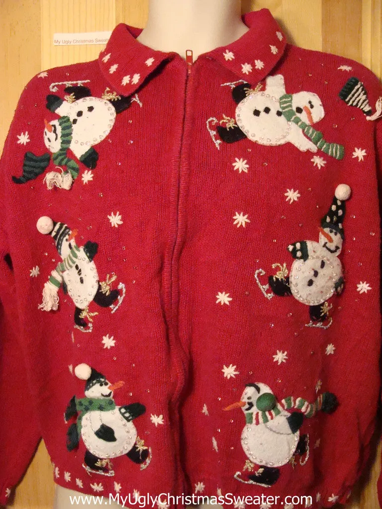 Tacky Ugly Christmas Sweater with Toppling Ice Skating Carrot Nosed Snowmen (f313)