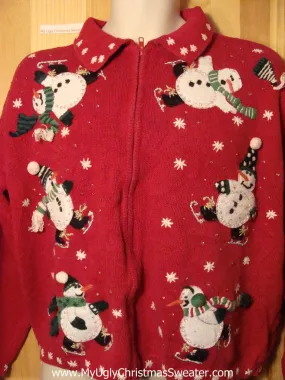 Tacky Ugly Christmas Sweater with Toppling Ice Skating Carrot Nosed Snowmen (f313)