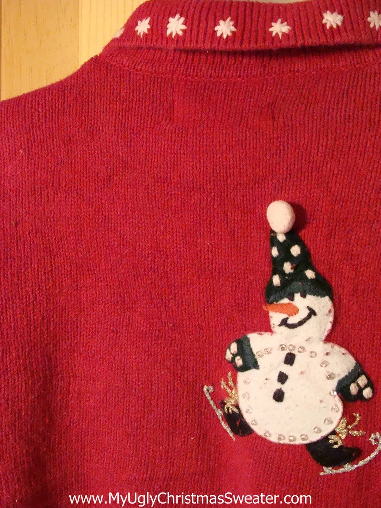 Tacky Ugly Christmas Sweater with Toppling Ice Skating Carrot Nosed Snowmen (f313)