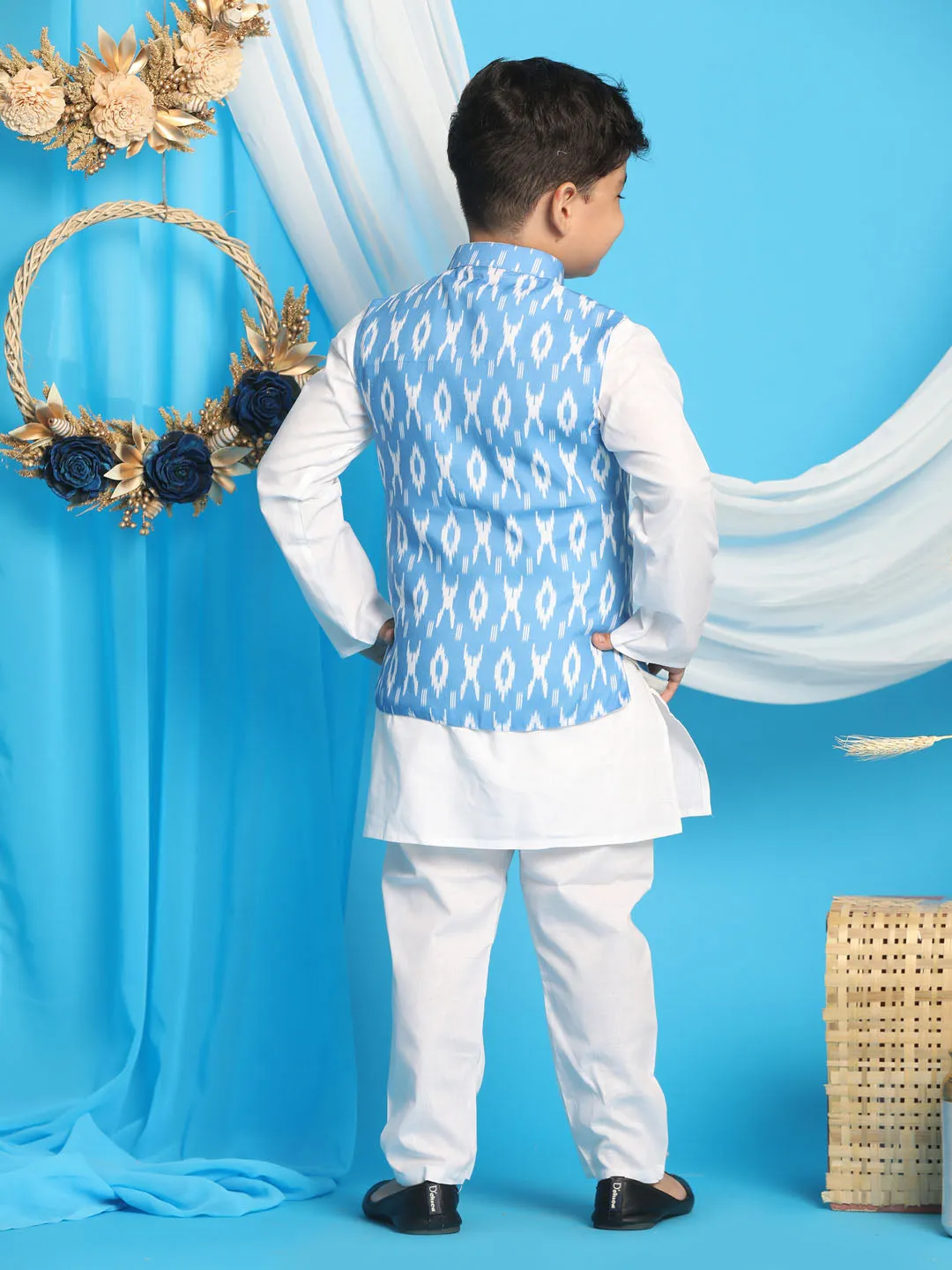 Vastramay Aqua Blue Traditional Ikkat Print Siblings Set