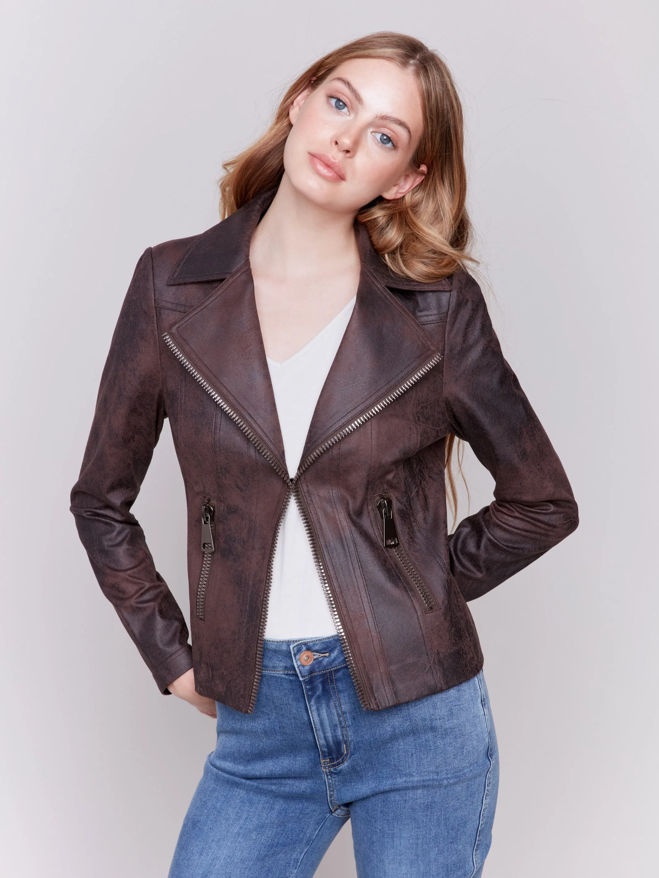 Vintage Faux Leather Perfecto Jacket - Mocha