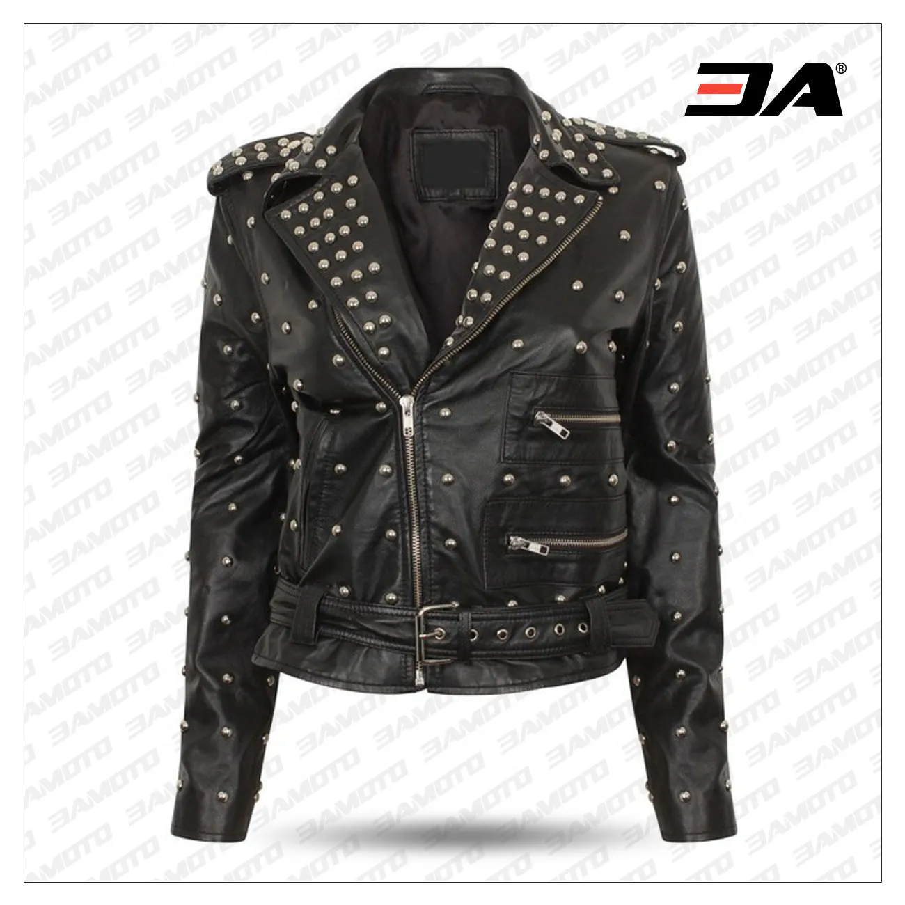 Women Gothic Handmade Black Leather Jacket With Full Golden Studs Brando Jacket