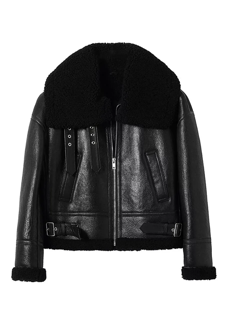 Women's Black Leather Shearling Jacket with Big Collar