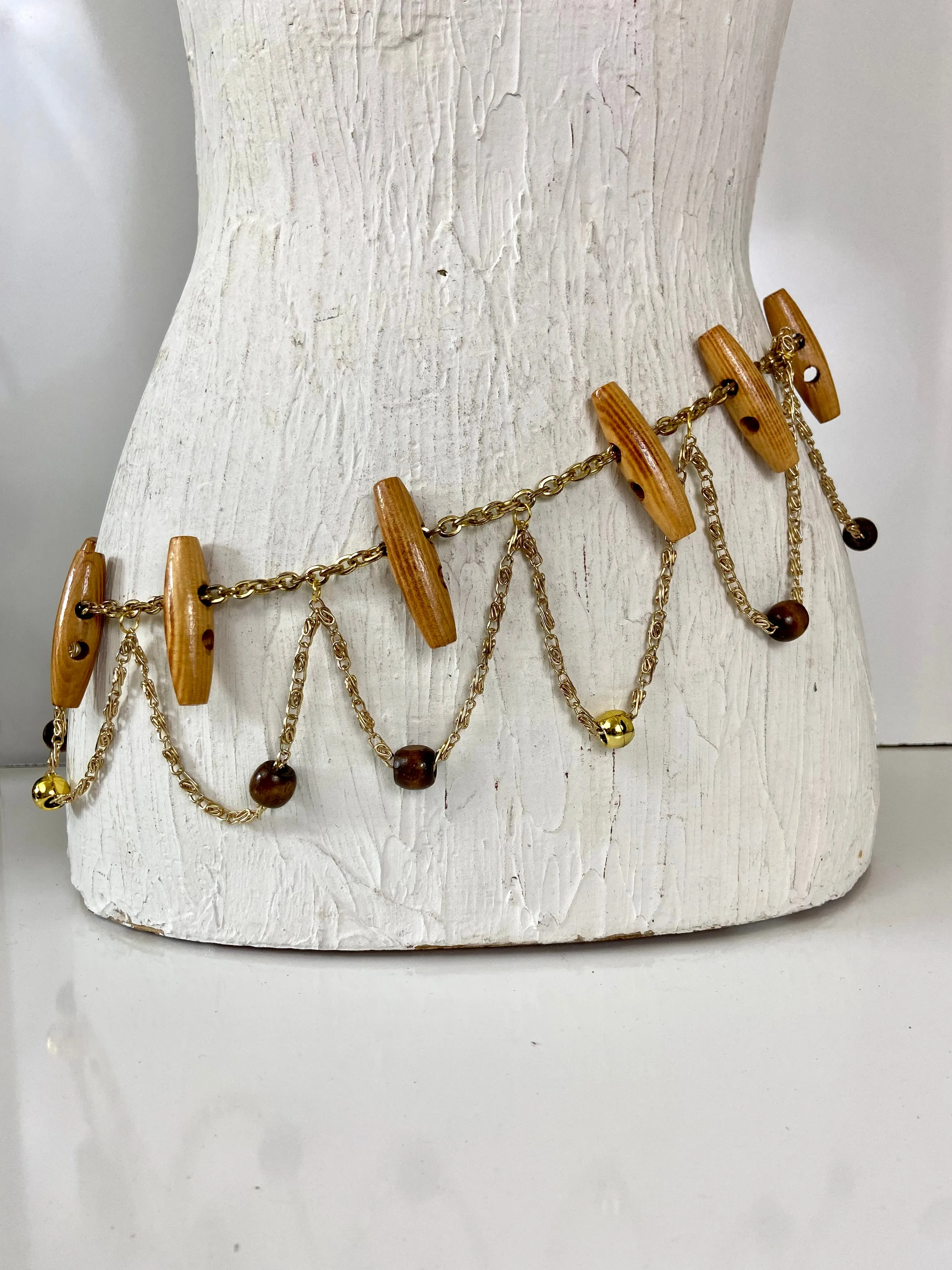 Wood Beads & Gold Chain Belt