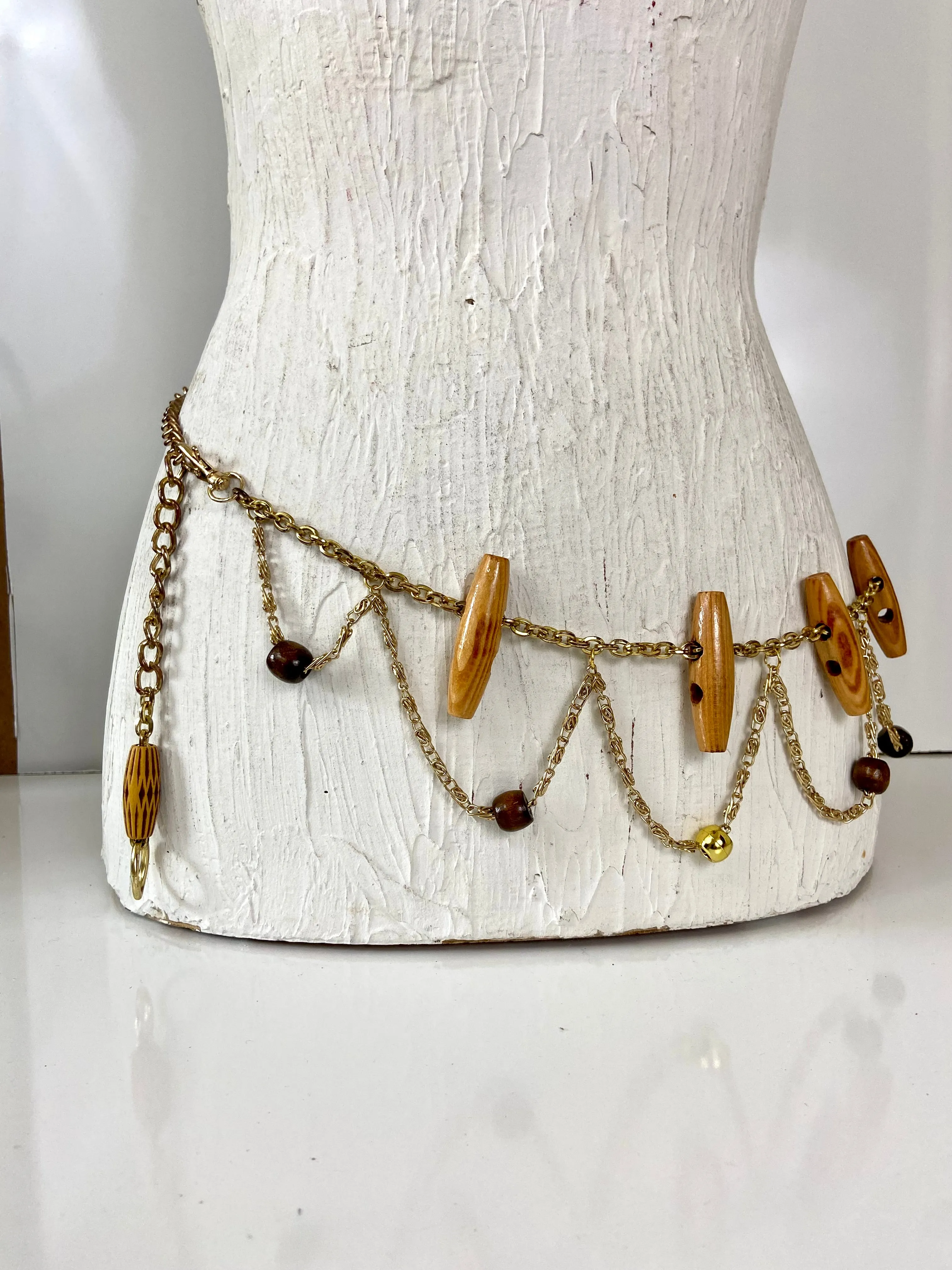 Wood Beads & Gold Chain Belt