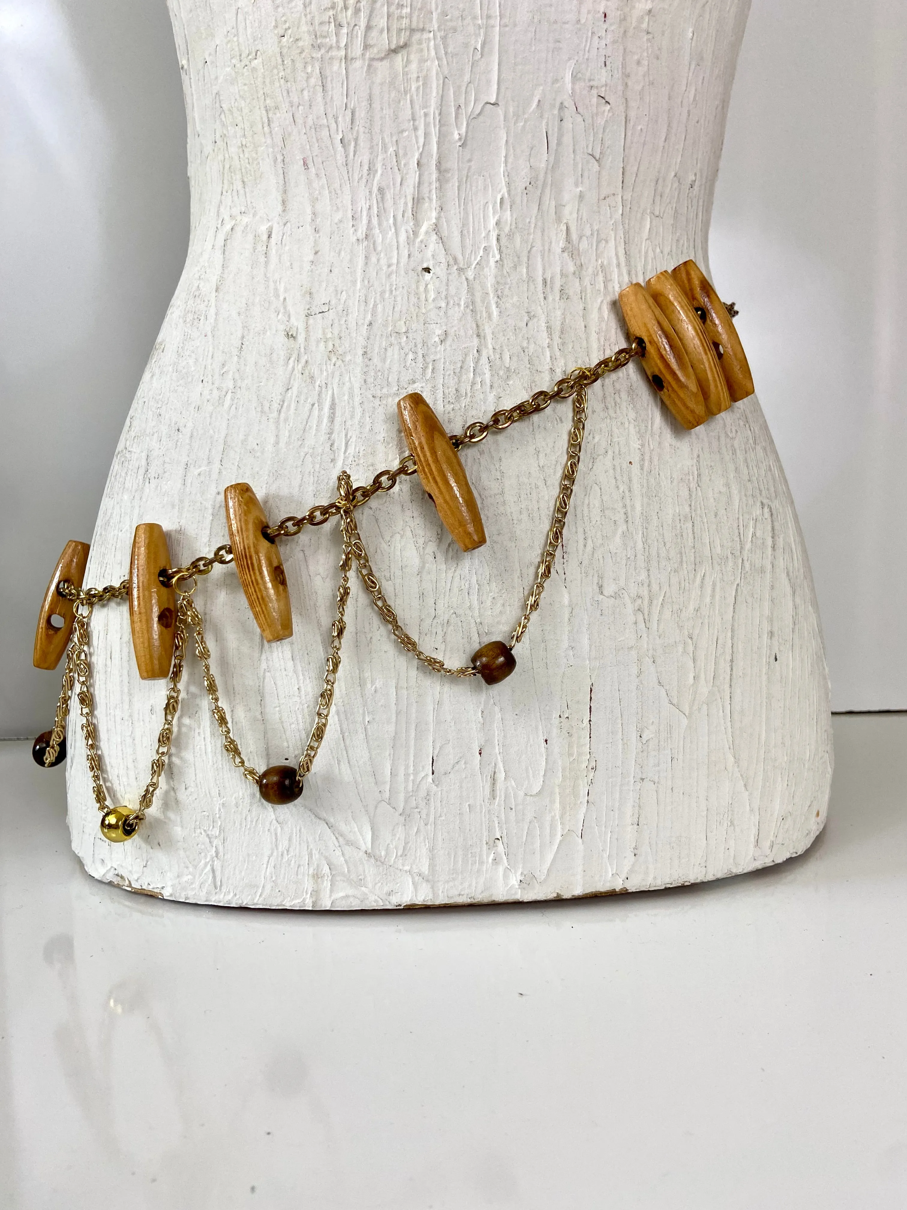 Wood Beads & Gold Chain Belt